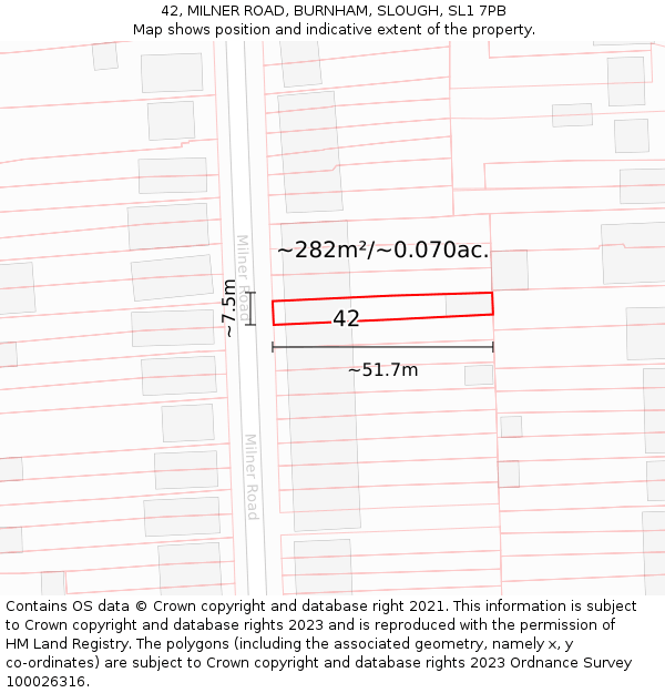42, MILNER ROAD, BURNHAM, SLOUGH, SL1 7PB: Plot and title map
