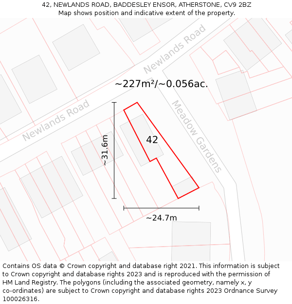 42, NEWLANDS ROAD, BADDESLEY ENSOR, ATHERSTONE, CV9 2BZ: Plot and title map