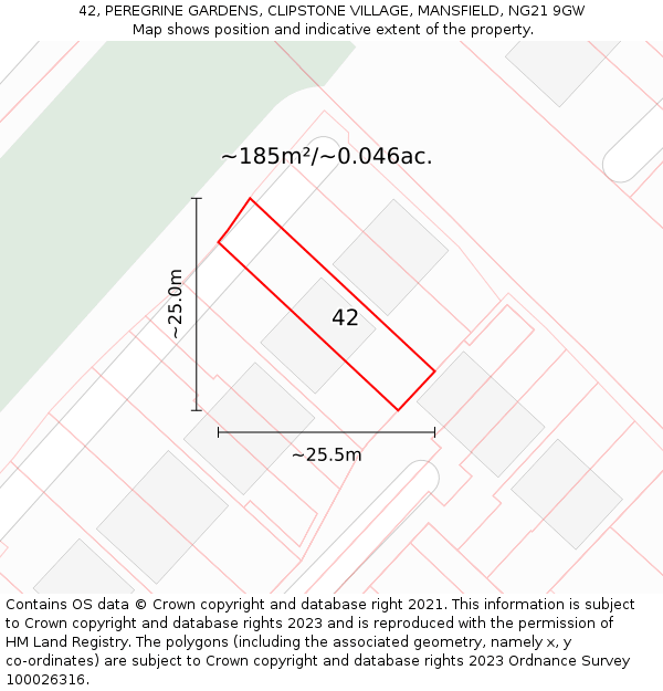 42, PEREGRINE GARDENS, CLIPSTONE VILLAGE, MANSFIELD, NG21 9GW: Plot and title map
