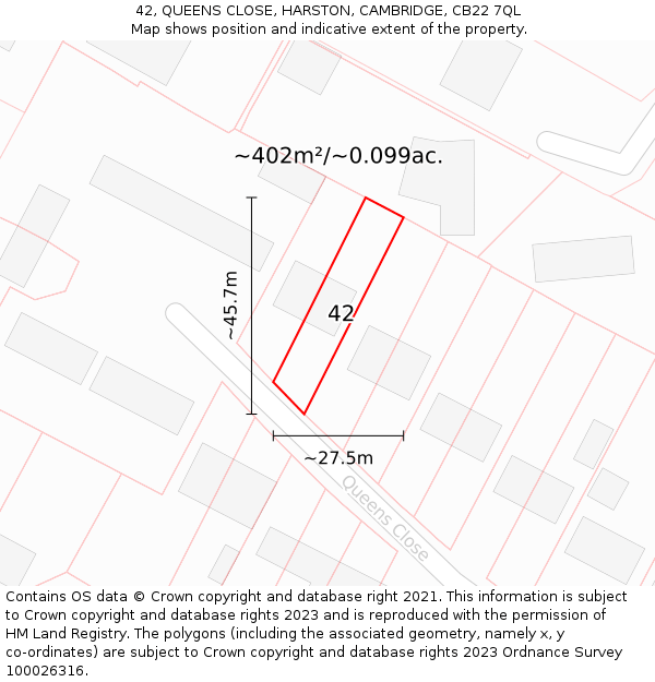 42, QUEENS CLOSE, HARSTON, CAMBRIDGE, CB22 7QL: Plot and title map