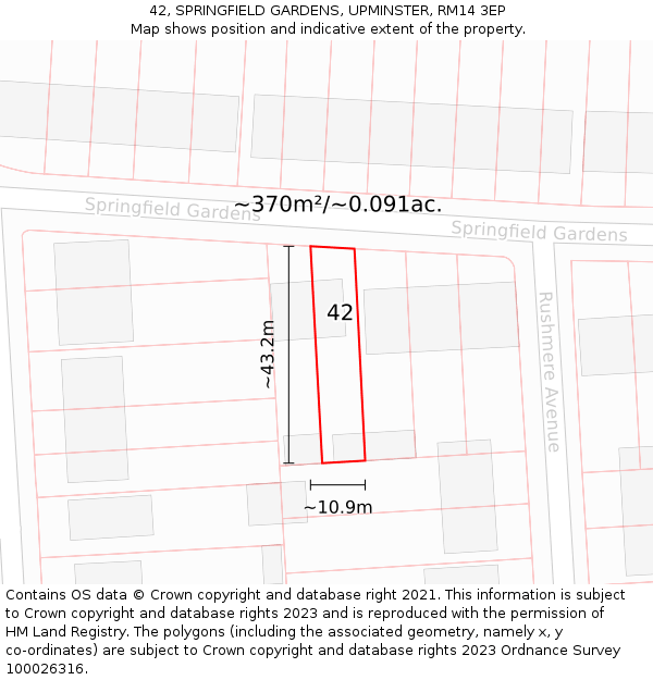 42, SPRINGFIELD GARDENS, UPMINSTER, RM14 3EP: Plot and title map