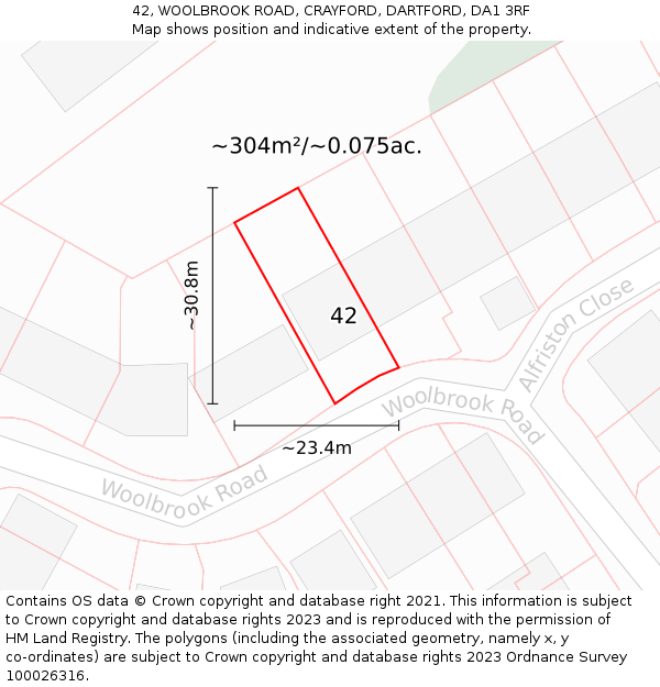 42, WOOLBROOK ROAD, CRAYFORD, DARTFORD, DA1 3RF: Plot and title map