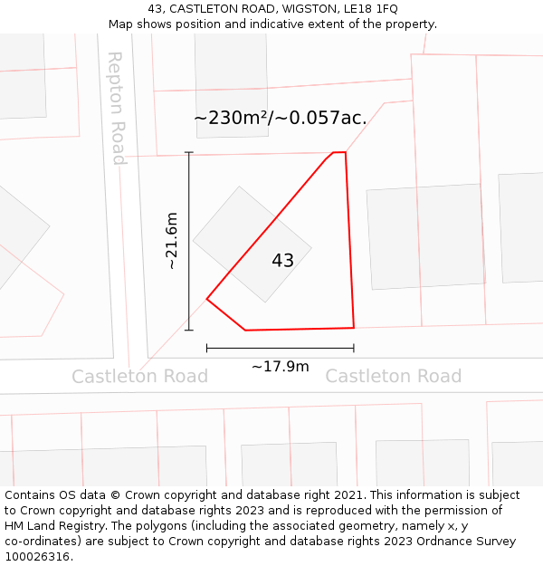 43, CASTLETON ROAD, WIGSTON, LE18 1FQ: Plot and title map