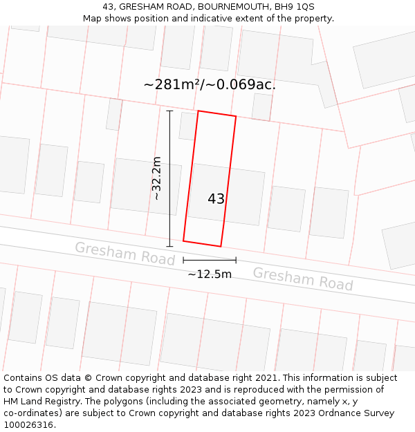 43, GRESHAM ROAD, BOURNEMOUTH, BH9 1QS: Plot and title map