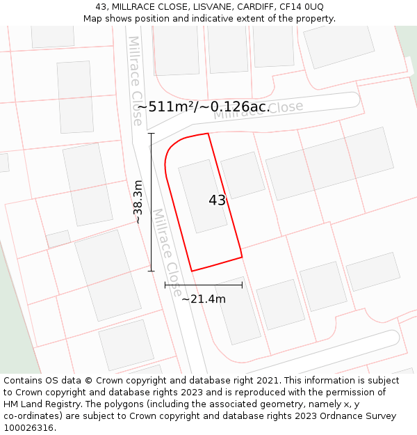 43, MILLRACE CLOSE, LISVANE, CARDIFF, CF14 0UQ: Plot and title map