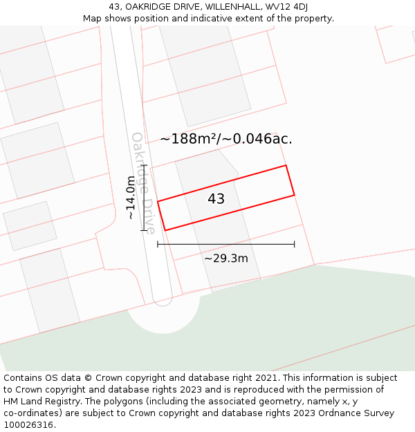 43, OAKRIDGE DRIVE, WILLENHALL, WV12 4DJ: Plot and title map