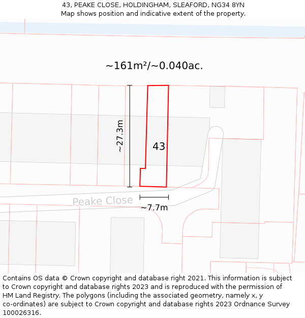 43, PEAKE CLOSE, HOLDINGHAM, SLEAFORD, NG34 8YN: Plot and title map
