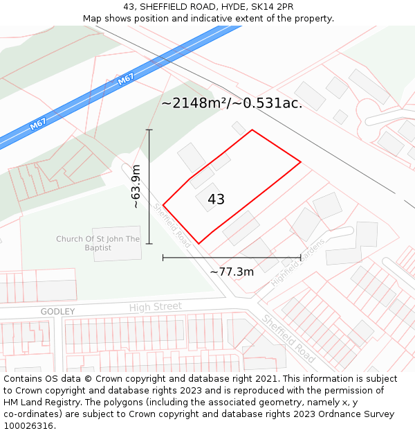 43, SHEFFIELD ROAD, HYDE, SK14 2PR: Plot and title map