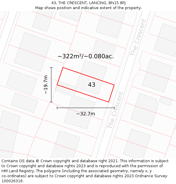 43, THE CRESCENT, LANCING, BN15 8PJ: Plot and title map