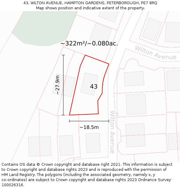 43, WILTON AVENUE, HAMPTON GARDENS, PETERBOROUGH, PE7 8RQ: Plot and title map