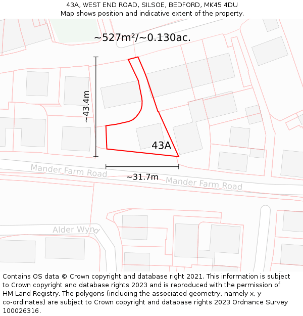 43A, WEST END ROAD, SILSOE, BEDFORD, MK45 4DU: Plot and title map