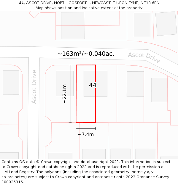 44, ASCOT DRIVE, NORTH GOSFORTH, NEWCASTLE UPON TYNE, NE13 6PN: Plot and title map