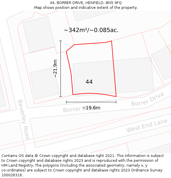 44, BORRER DRIVE, HENFIELD, BN5 9FQ: Plot and title map