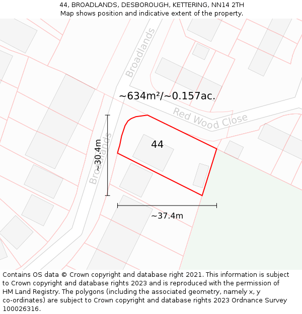 44, BROADLANDS, DESBOROUGH, KETTERING, NN14 2TH: Plot and title map