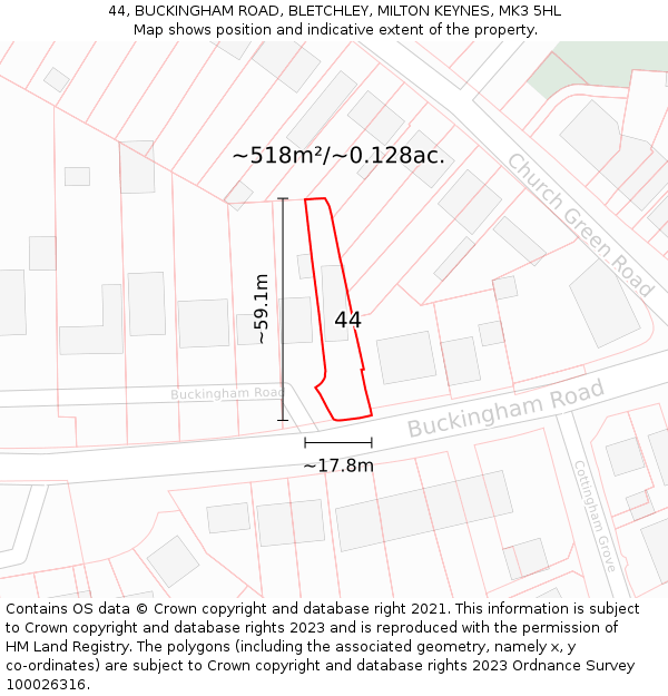 44, BUCKINGHAM ROAD, BLETCHLEY, MILTON KEYNES, MK3 5HL: Plot and title map