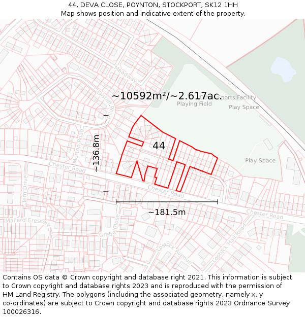 44, DEVA CLOSE, POYNTON, STOCKPORT, SK12 1HH: Plot and title map