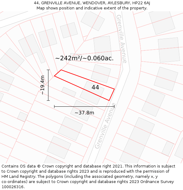 44, GRENVILLE AVENUE, WENDOVER, AYLESBURY, HP22 6AJ: Plot and title map