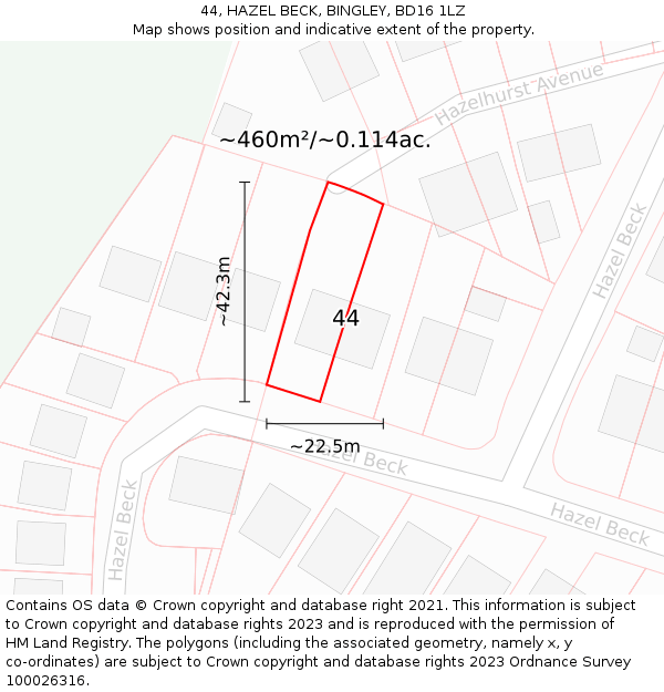 44, HAZEL BECK, BINGLEY, BD16 1LZ: Plot and title map