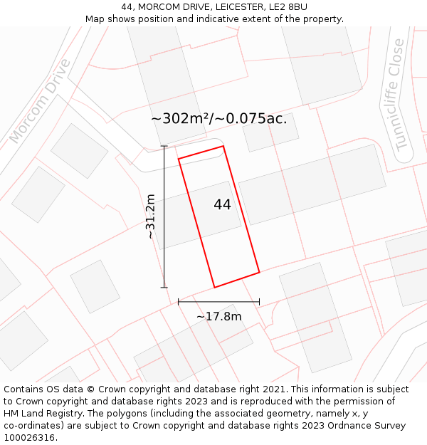 44, MORCOM DRIVE, LEICESTER, LE2 8BU: Plot and title map