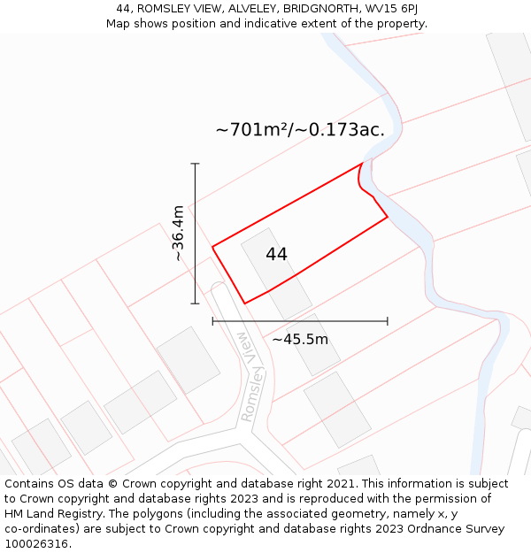 44, ROMSLEY VIEW, ALVELEY, BRIDGNORTH, WV15 6PJ: Plot and title map