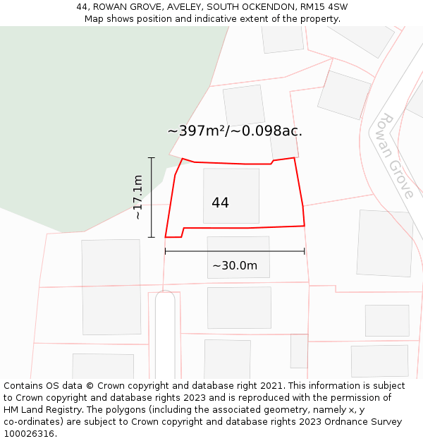 44, ROWAN GROVE, AVELEY, SOUTH OCKENDON, RM15 4SW: Plot and title map