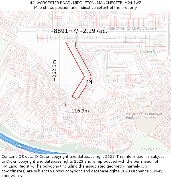 44, WORCESTER ROAD, MIDDLETON, MANCHESTER, M24 1WZ: Plot and title map