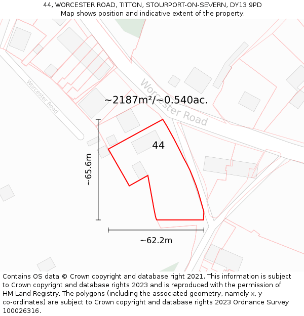 44, WORCESTER ROAD, TITTON, STOURPORT-ON-SEVERN, DY13 9PD: Plot and title map