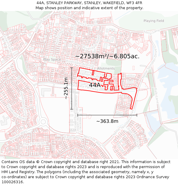 44A, STANLEY PARKWAY, STANLEY, WAKEFIELD, WF3 4FR: Plot and title map