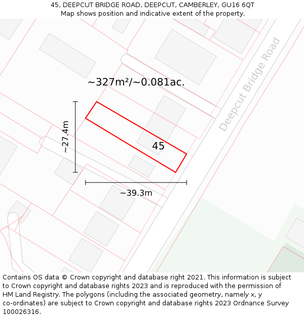 45, DEEPCUT BRIDGE ROAD, DEEPCUT, CAMBERLEY, GU16 6QT: Plot and title map