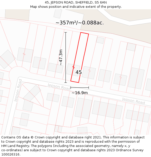 45, JEPSON ROAD, SHEFFIELD, S5 6AN: Plot and title map