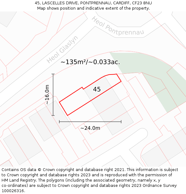 45, LASCELLES DRIVE, PONTPRENNAU, CARDIFF, CF23 8NU: Plot and title map