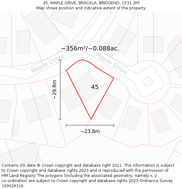 45, MAPLE DRIVE, BRACKLA, BRIDGEND, CF31 2PF: Plot and title map