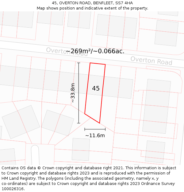 45, OVERTON ROAD, BENFLEET, SS7 4HA: Plot and title map