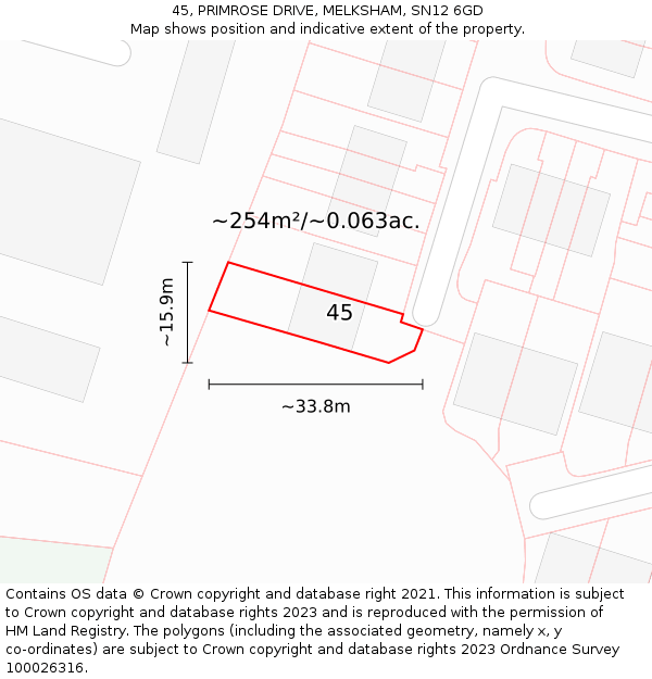 45, PRIMROSE DRIVE, MELKSHAM, SN12 6GD: Plot and title map