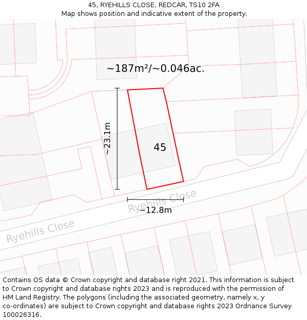 45, RYEHILLS CLOSE, REDCAR, TS10 2FA: Plot and title map