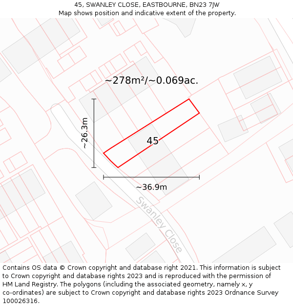 45, SWANLEY CLOSE, EASTBOURNE, BN23 7JW: Plot and title map