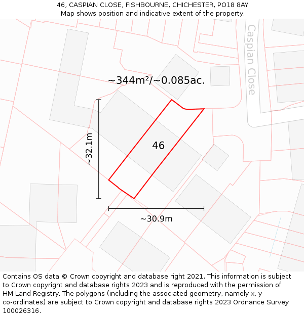 46, CASPIAN CLOSE, FISHBOURNE, CHICHESTER, PO18 8AY: Plot and title map