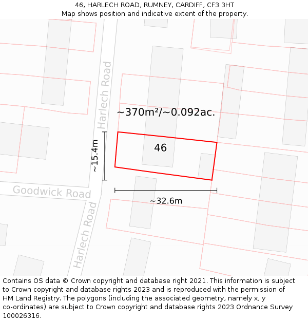 46, HARLECH ROAD, RUMNEY, CARDIFF, CF3 3HT: Plot and title map