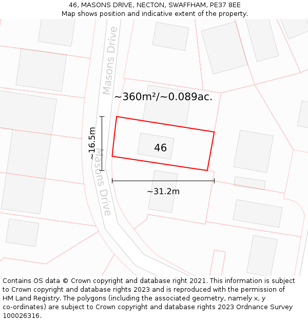 46, MASONS DRIVE, NECTON, SWAFFHAM, PE37 8EE: Plot and title map