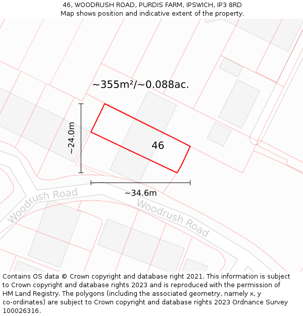46, WOODRUSH ROAD, PURDIS FARM, IPSWICH, IP3 8RD: Plot and title map