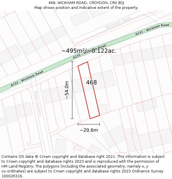 468, WICKHAM ROAD, CROYDON, CR0 8DJ: Plot and title map