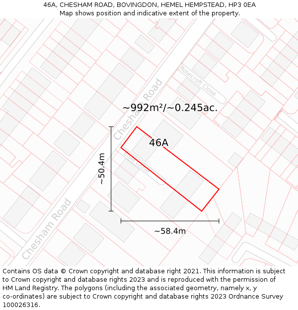 46A, CHESHAM ROAD, BOVINGDON, HEMEL HEMPSTEAD, HP3 0EA: Plot and title map