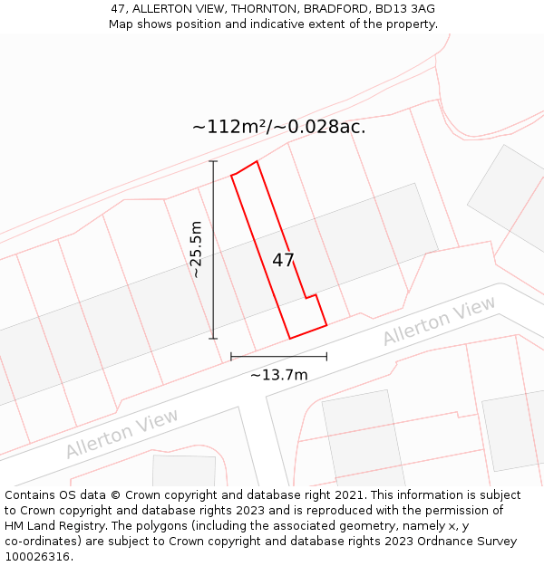 47, ALLERTON VIEW, THORNTON, BRADFORD, BD13 3AG: Plot and title map