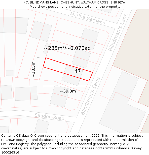 47, BLINDMANS LANE, CHESHUNT, WALTHAM CROSS, EN8 9DW: Plot and title map