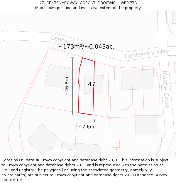 47, CENTENARY WAY, COPCUT, DROITWICH, WR9 7TD: Plot and title map
