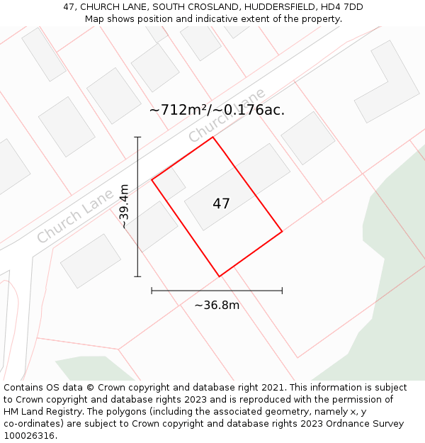 47, CHURCH LANE, SOUTH CROSLAND, HUDDERSFIELD, HD4 7DD: Plot and title map