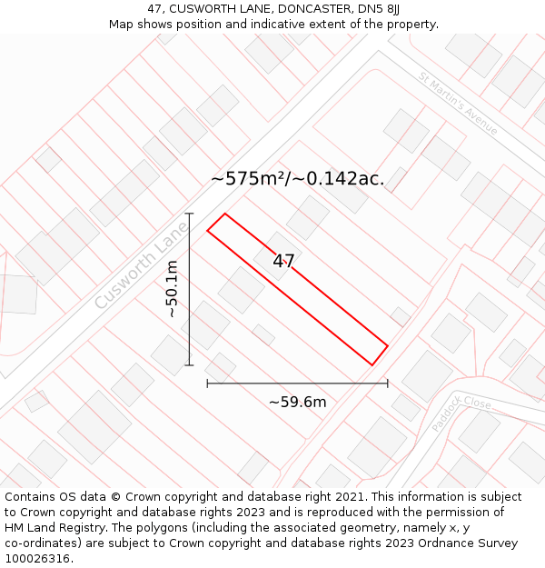 47, CUSWORTH LANE, DONCASTER, DN5 8JJ: Plot and title map