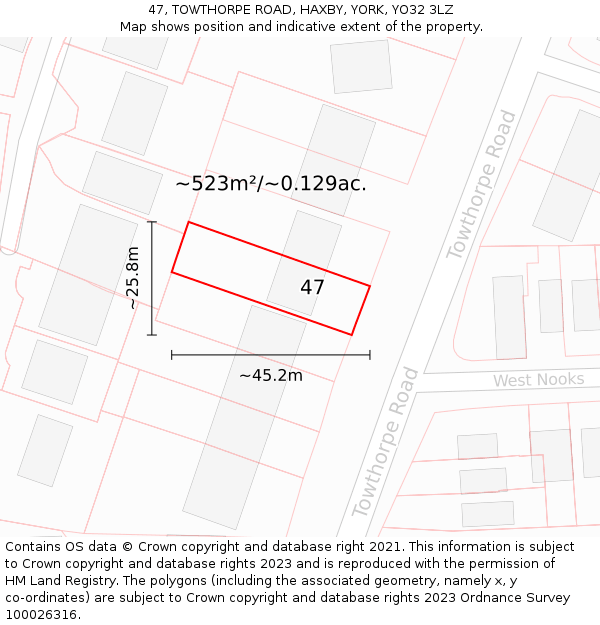 47, TOWTHORPE ROAD, HAXBY, YORK, YO32 3LZ: Plot and title map