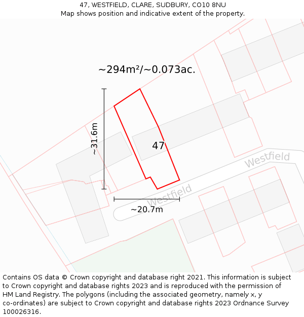 47, WESTFIELD, CLARE, SUDBURY, CO10 8NU: Plot and title map