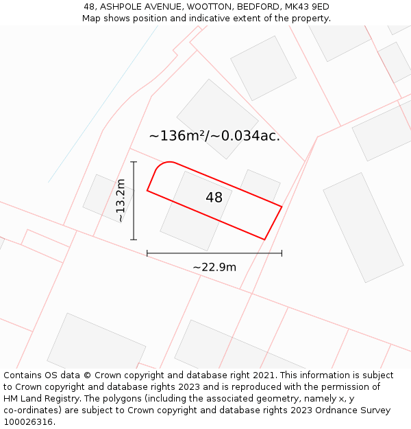 48, ASHPOLE AVENUE, WOOTTON, BEDFORD, MK43 9ED: Plot and title map